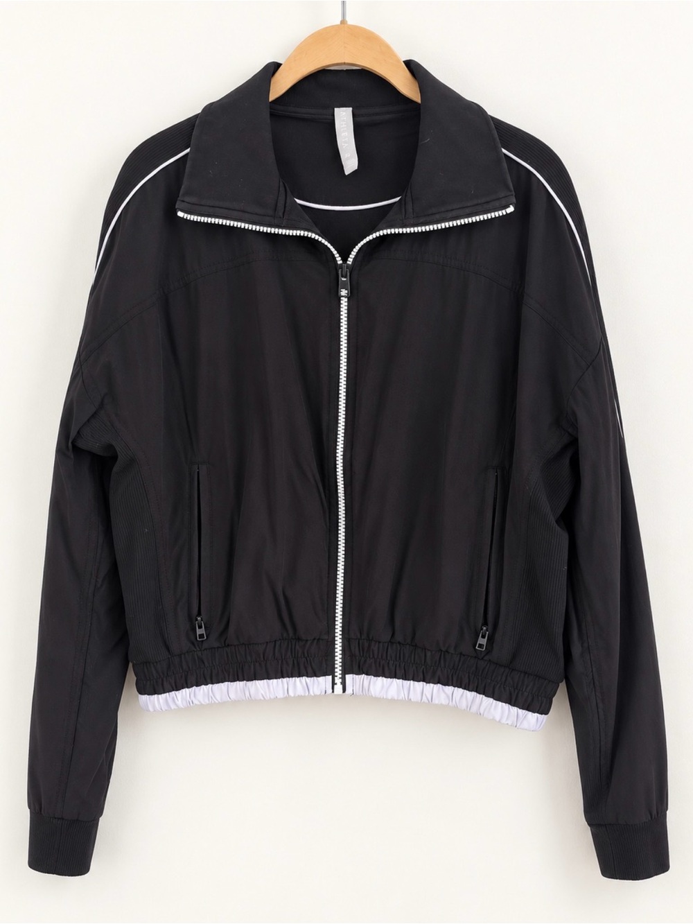 Athleta Black Cropped Track Jacket White Piping XS